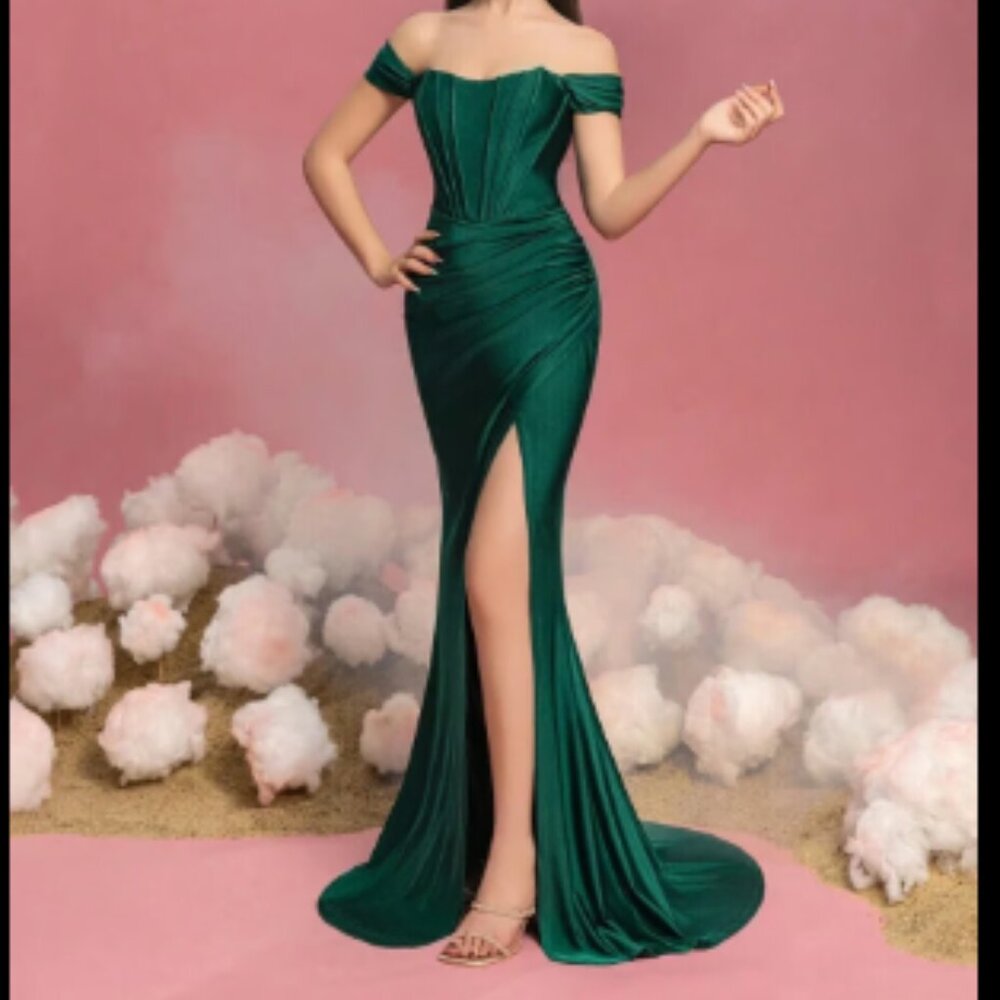 Faeriesty Off Shoulder Maxi Deep Green Formal/bridesm aid/Gala Gown Dress XS